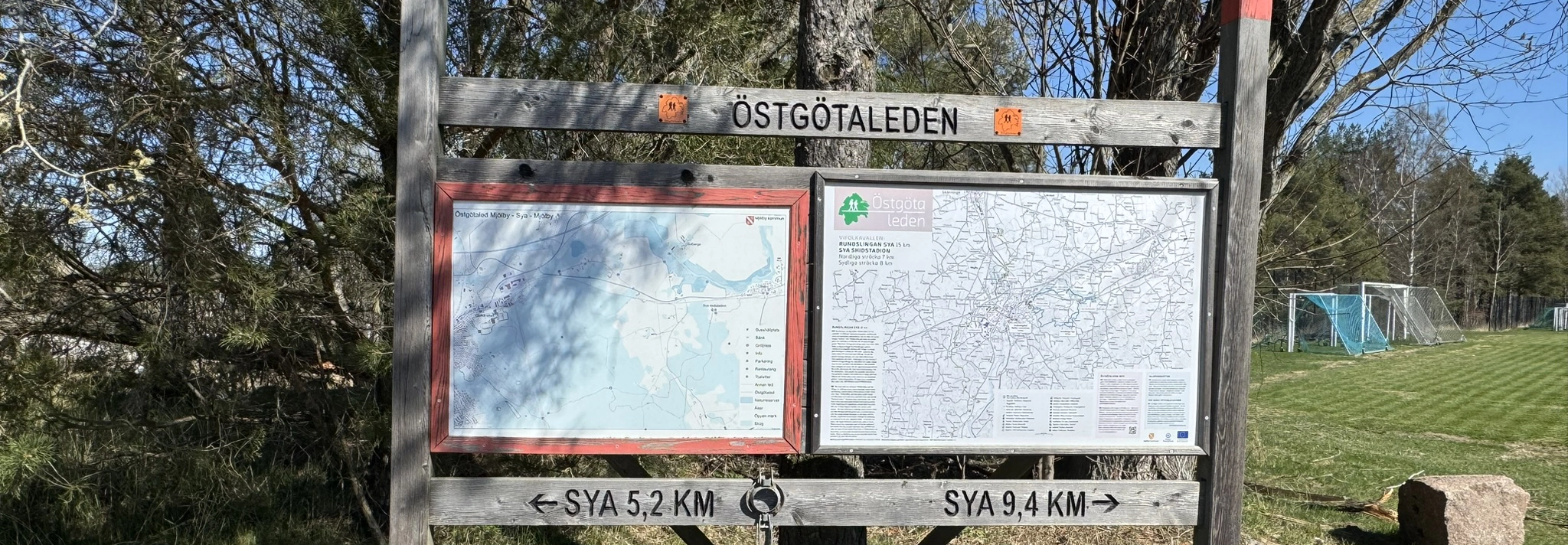 Skog med en stig och en pinne med röd markering nedstucken i marken.